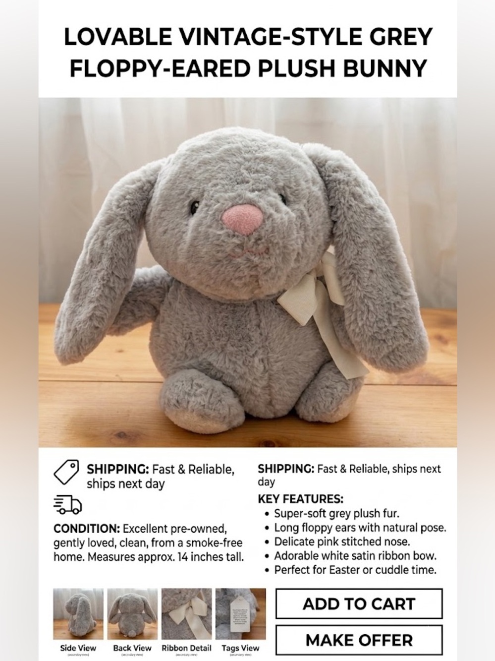Animal Adventure Hoppy Hoop Bunny Stuffed Animal plush gray toy Easter spring